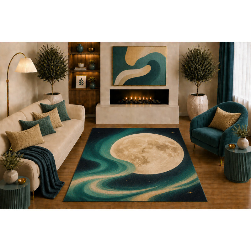 "Ultra léger" Tapis céleste lune 5 pi x 7 pi Art abstrait abstrait bleu sarcelle / beige / bleu marine pour le salon, la chambre à coucher, le bureau, la chambre de bébé, la chambre de bébé, la chambre de bébé