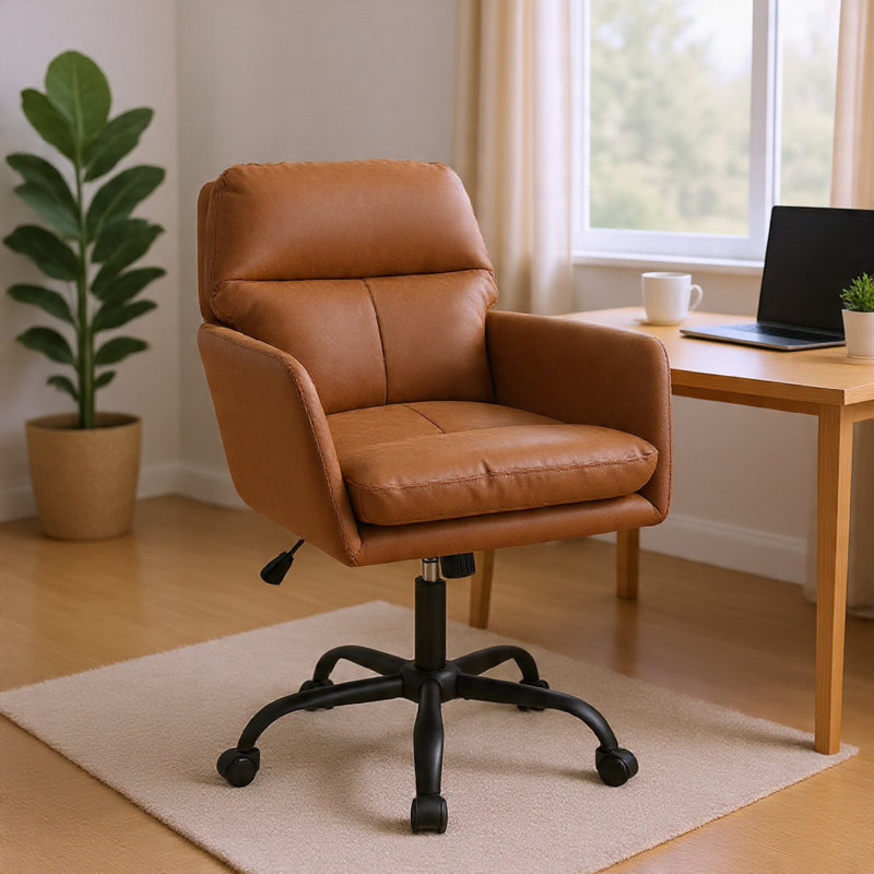 Chaise de bureau pivotante Limz, hauteur réglable, similicuir brun, Brown, Matte Black