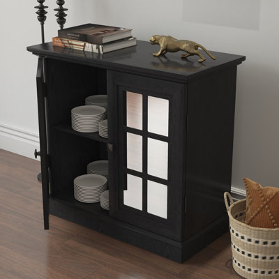 Buffet de rangement avec 2 portes décoratives en miroir en acrylique, tablette réglable pour la salle à manger, le salon, la cuisine, poignées en métal, panneau de fibres à densité moyenne avec une finition en papier de grain de bois 3D noir