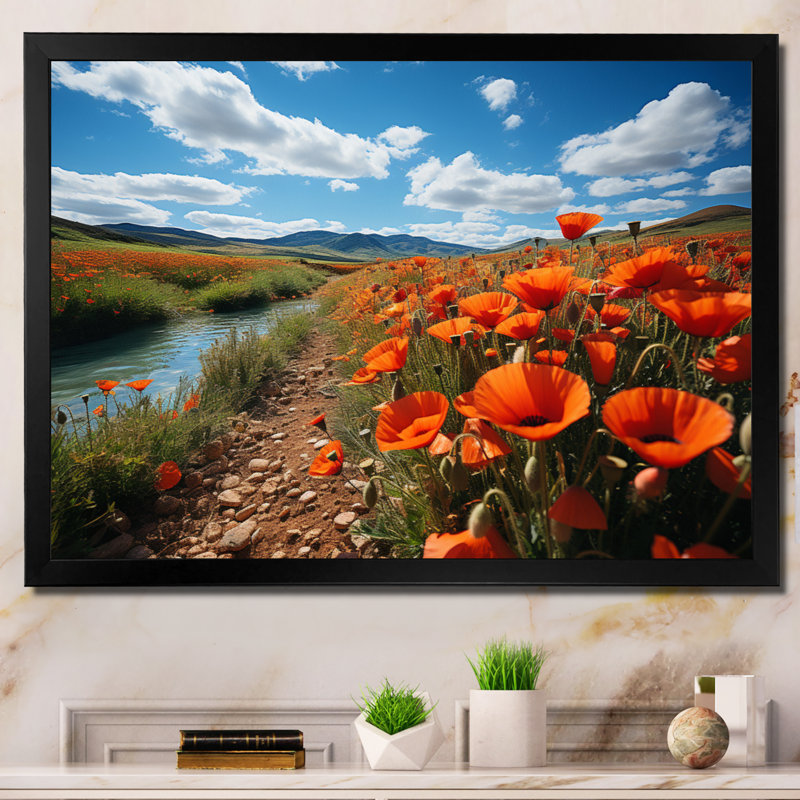 Kolette, Espagne, champs de coquelicots sur toile, Cadre simple noir, H 34 po x l 44 po x P 1,5 po