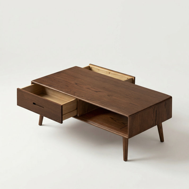 47"W Solid Oak Coffee Table with Drawer, 16.93" H x 47.24" L x 22.05" W, Brown Stain Oak