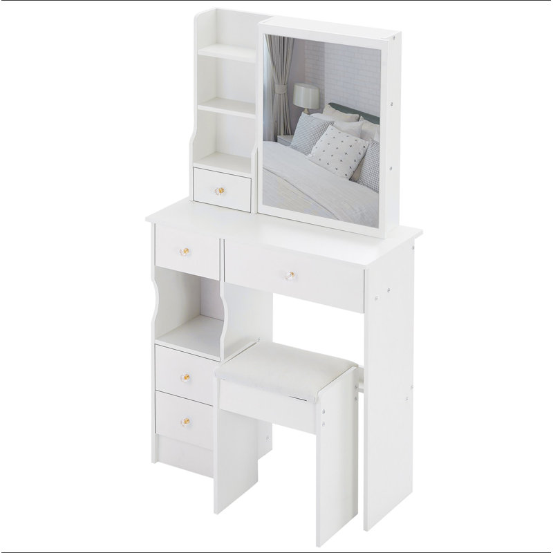 29.2" Small Space Left Drawer Desktop Vanity Table + Cushioned Stool, Extra Large Right Sliding Mirror, Multi Layer High Capacity Storage, Practical Fashionable Dresser, Suitable For Small Space