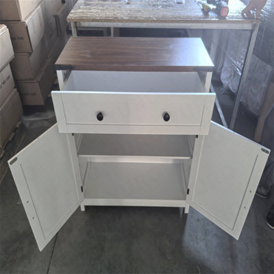 Farmhouse Storage Cabinet with Drawer and Adjustable Shelves, White Kitchen Cabinet with Walnut Countertop, Modern Coffee Bar Console Cabinet