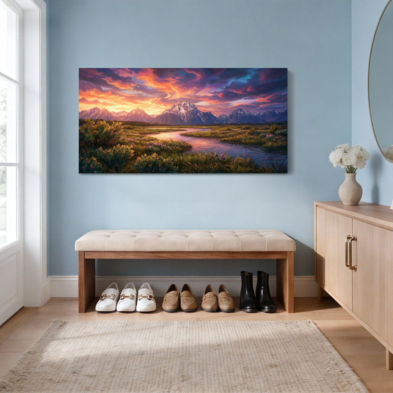 Tableau sur toile tendue représentant un coucher de soleil sur un paysage de montagne, H 24 po x l 48 po