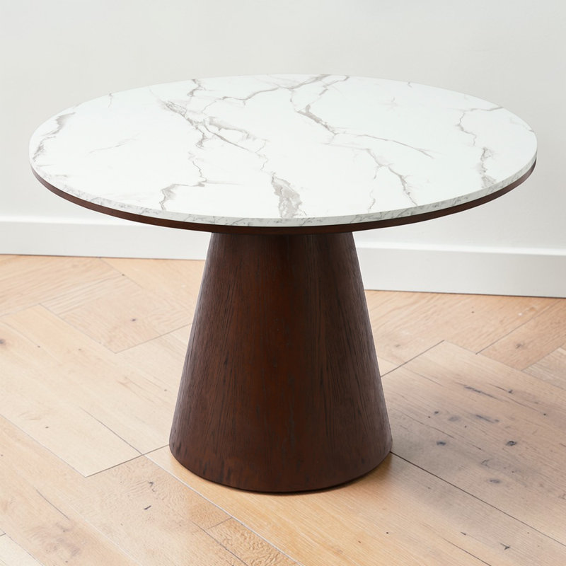 Ignotas Round 44.02" Dining Table,Kitchen Table,Pedestal Dining Table with Wood Frame, White Marble/Brown