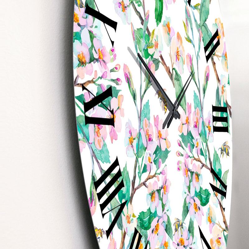 Horloge murale à motif de printemps avec branches en fleurs et abeilles, Moyen