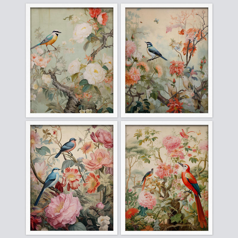 Birds On Flower Blossom Branches Vibrant Colorful Pictures Framed Wall Art 4 Pieces Paper Print, White, 10" H x 8" W