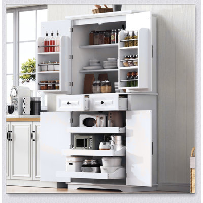 Grand garde-manger de style campagnard de 71 pouces avec 3 organisateurs coulissants, 6 tablettes de porte et 2 tiroirs pour un rangement et une organisation efficaces