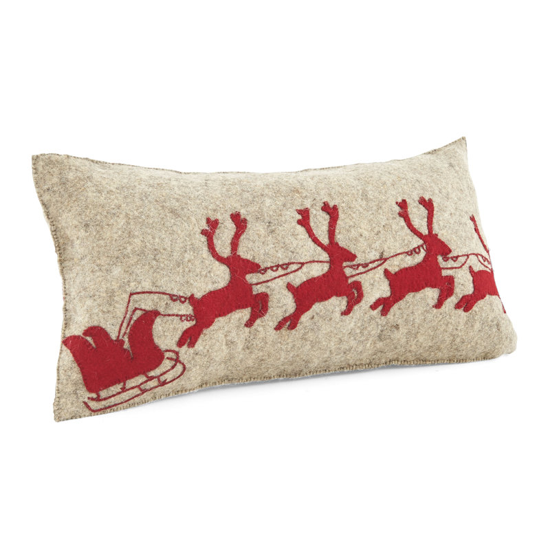Coussin de Noël fait à la main en laine feutrée à la main - renne rouge sur fond gris - 12 po x 24 po, Oreiller (inclus)