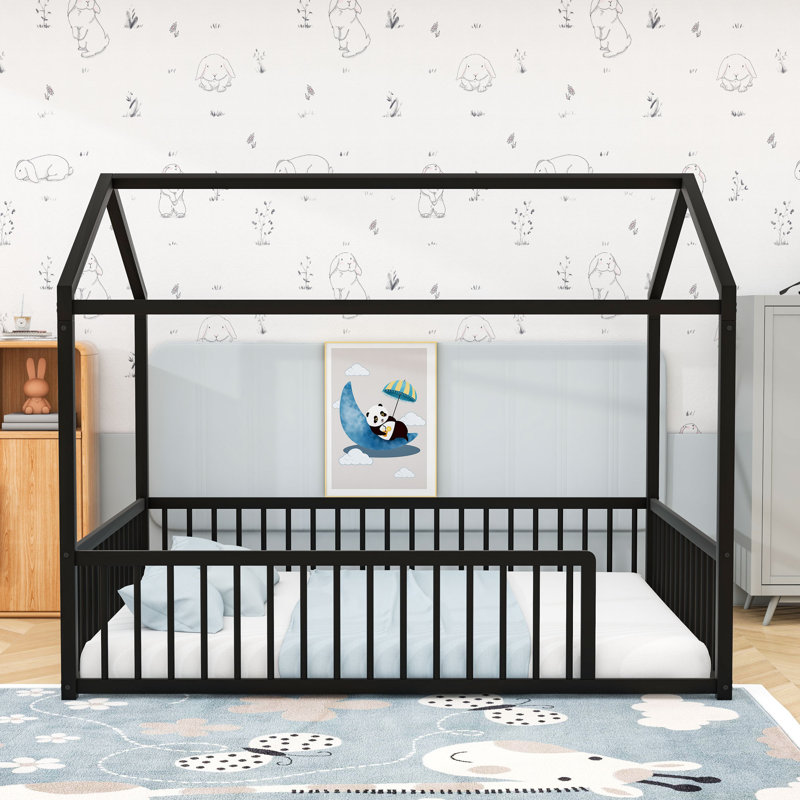 Metal House Shaped Bed With Fence, Black, Full