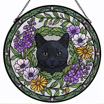 Floral Cat Stained Glass Window Panel，7.8H