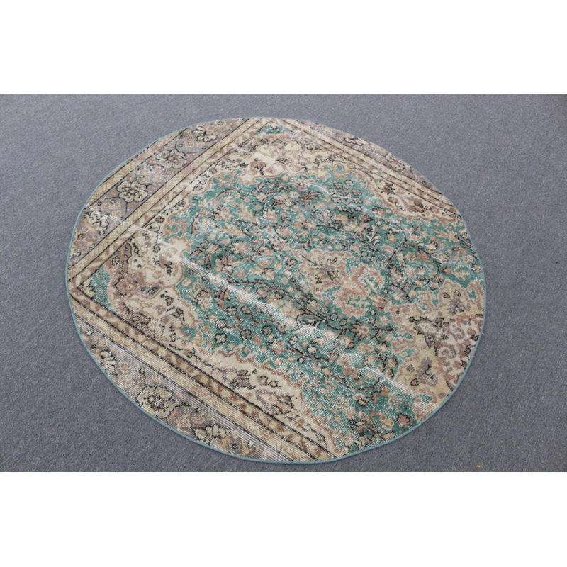 Tapis rond d'inspiration turque vert idéal pour le bureau d'entrée ou la chambre à coucher
