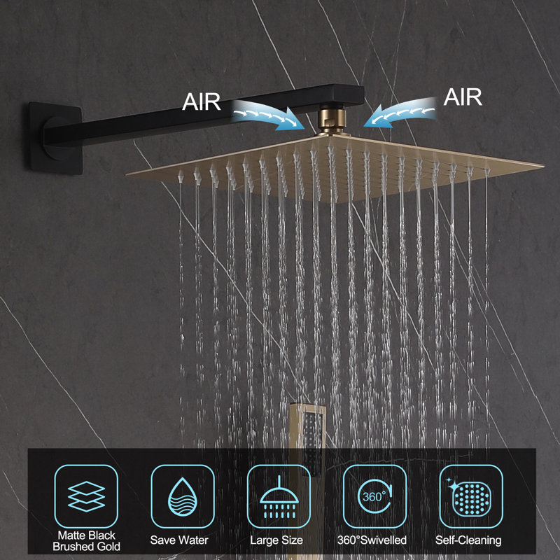 Wall Mounted Complete Shower System with Anti-Scald Pressure Balance Valve, Matte Black/Brushed Gold
