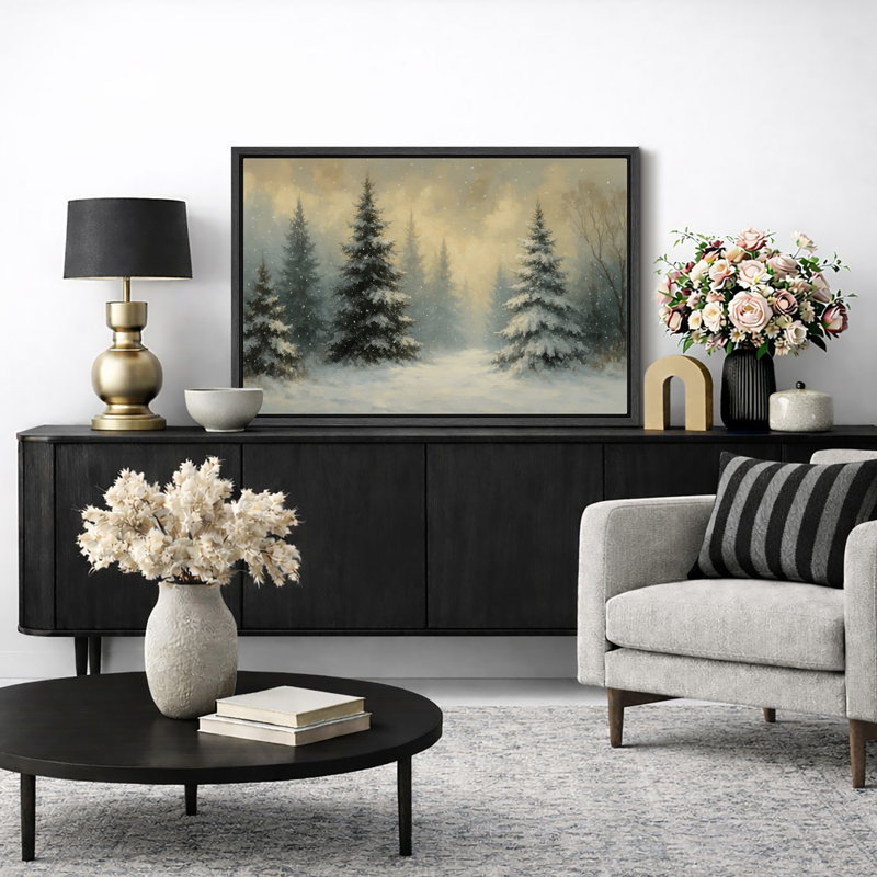 Illustration de forêt enneigée, images d'arbres d'hiver, impression sur toile encadrée, Cadre noir