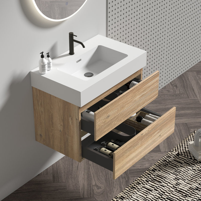 Meuble-lavabo mural de style Mid-Century moderne, grille en chêne, double tiroir, structure en matériau de qualité E1, quincaillerie silencieuse qui fonctionne, sélection, action de tiroir