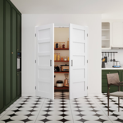 Intérieur de la porte intérieure à 5 panneaux en bois aggloméré, portes françaises double en panneau de fibres à densité moyenne certifiées CARB P2, avec cadre et quincaillerie noir mat - Attaches à boule et charnières et poignées, préfinies et imperméables, pour garde-manger, chambre à coucher, salle de bain et garde-robe, teinture facile à bricoler, 60 po "x 80"