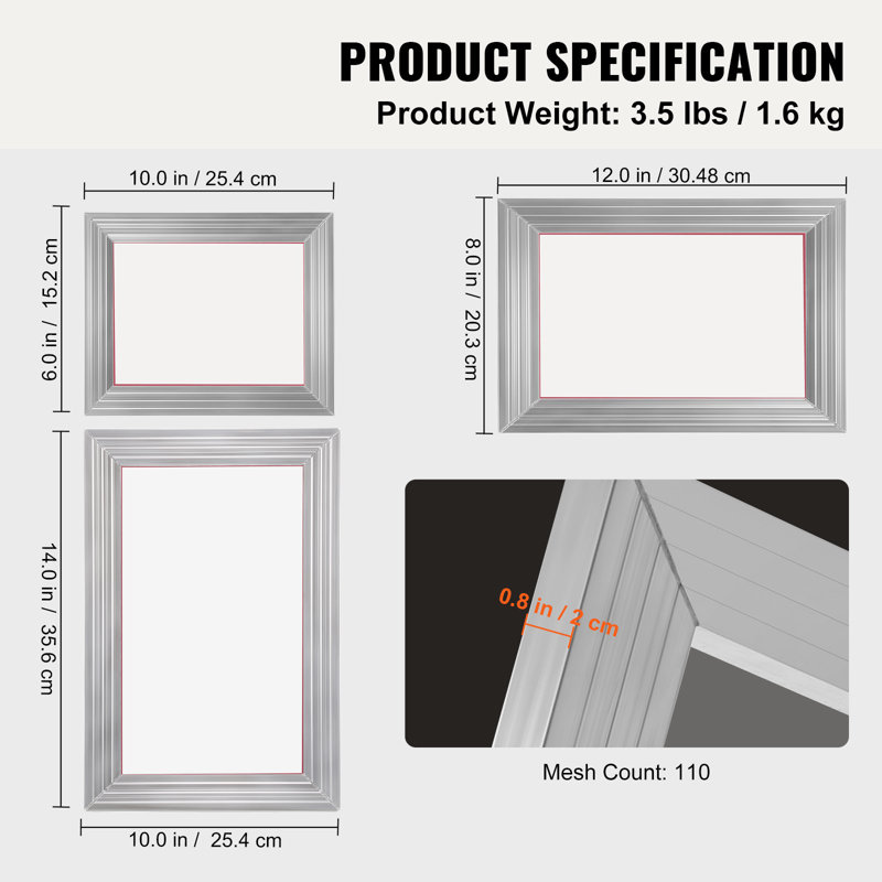 Trousse de sérigraphie, 3 cadres de sérigraphie en aluminium PCS, 5 paillettes et raclettes de sérigraphie et films transparents, maille 110 x 6 x 10/8 x 12/10 x 14 pouces, pour l'impression de t-shirts de bricolage