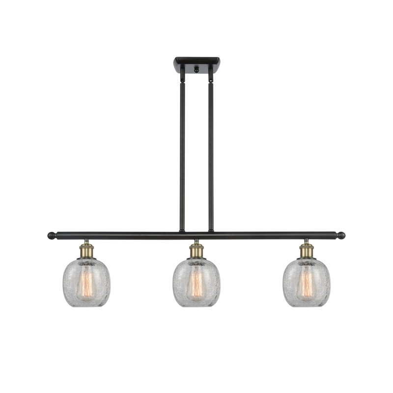 Luminaire suspendu linéaire à 3 lumières pour îlot de cuisine Carlucci, Transparence craquelée, Laiton antique noir