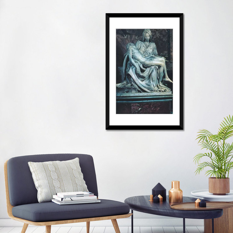 «Pieta» par Michelangelo, reproduction d'art sur toile tendue, H 32 po x l 24 po x P 1 po, Papier d'art encadré noir, Blanc
