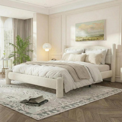 Boucle Upholstered Platform Cloud Bed with Round Headboard & Cylindrical Legs, Heavy Duty Noise-Free, No Box Spring Needed for Bedroom