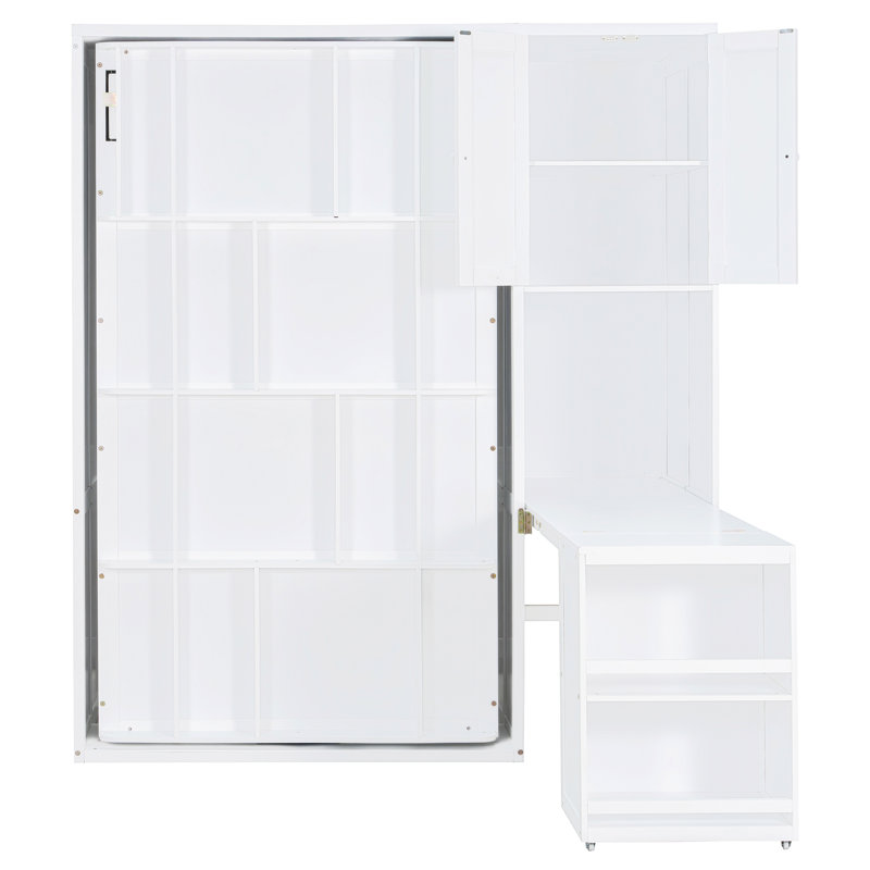 Lit escamotable simple avec bureau roulant, armoire de rangement et bibliothèque, Blanc