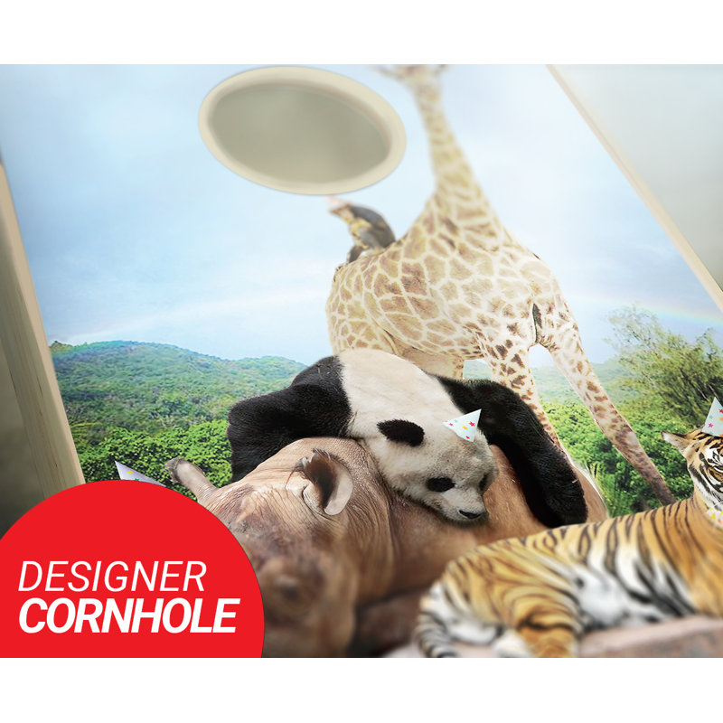 Ensemble de jeu de cornhole en bois massif 2 pi x 4 pi avec animaux, Rouge / Jaune