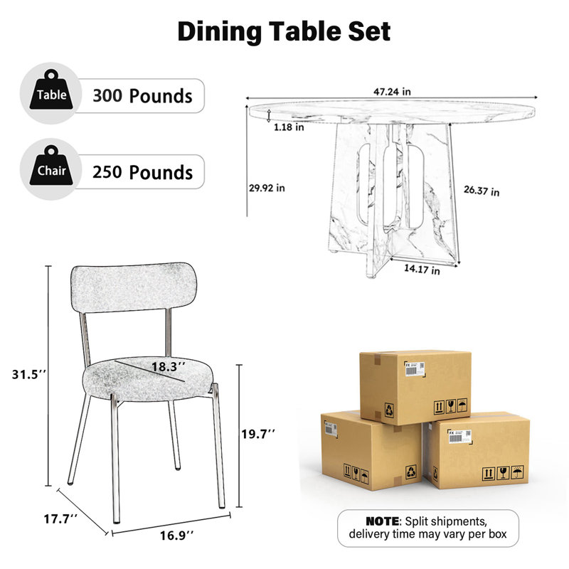 47In Pedestal Dining Set,Round Dining Table And Teddy Dining Chair, 7 Pieces: Table, 6 Chairs, Black, Walnut
