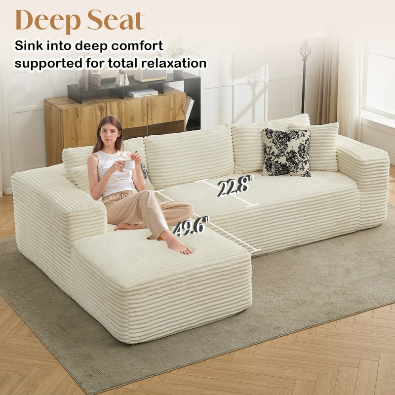 Canapé modulaire à compression en L 108 po pour appartement, tissu modulaire en velours côtelé avec assise profonde et sans assemblage (beige)