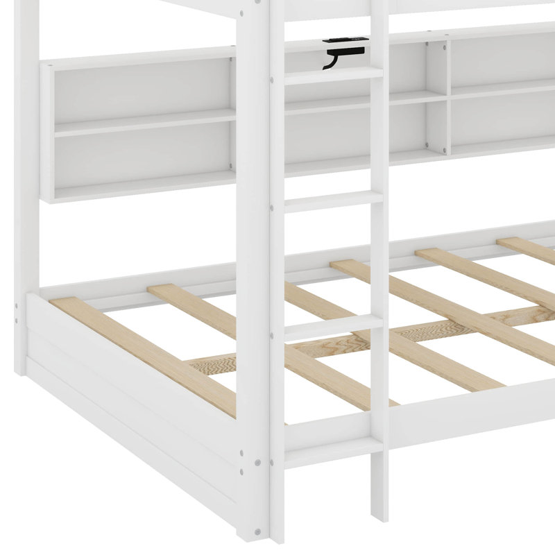 Lit superposé grand sur grand avec armoires de rangement et ports USB, Blanc