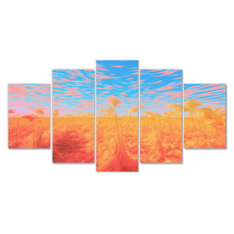 Coucher de soleil sur les champs de foin - prairies, art mural 5 pièces, H 32 po x l 60 po