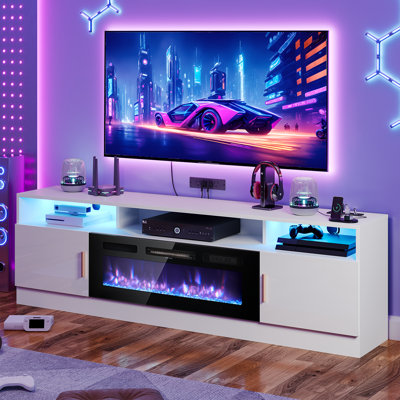 Gaming TV Stand for TVs up to 80"/90", Media Console with Electric Fireplace and Power Outlets, Large Storage Space by Ivy Bronx