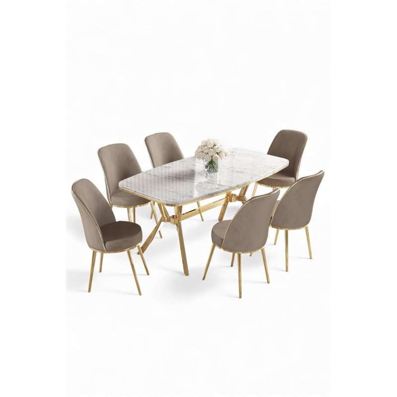 Ensemble de table et chaises de salle à manger (7 pièces), 7 Pieces: Table, 6 Chairs, White Marble/Gold, Cappuccino