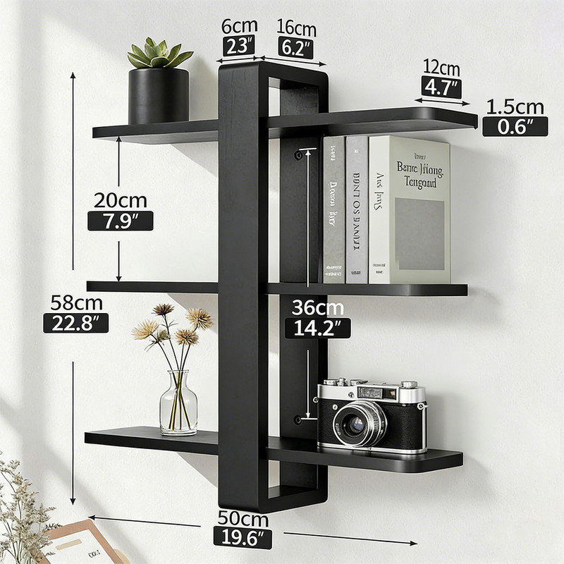 Heavy Duty 3-Tier All Pine Black Wood Wall Shelf – Extra Large Solid Wood Floating Shelving Unit – Sturdy Triple Tier Wall Mounted Organizer For Kitchen Spices Or Books