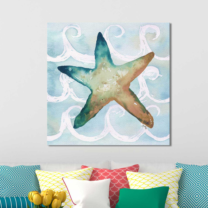 «Sea Creatures on Waves I», reproduction de peinture à l'aquarelle, H 18 po x l 18 po x P 1 po, Toile tendue