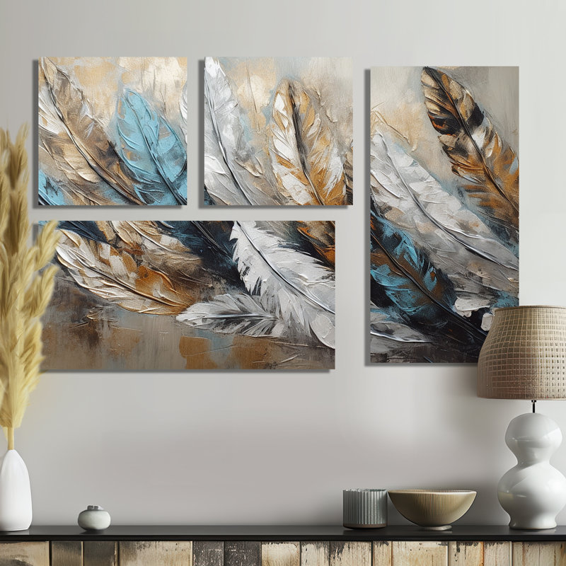 Plume dorée d'extravagance II - art mural moderne doré 4 pièces, Impression encadrée sans passe-partout, Doré