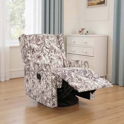 Upholstered Classic Wing Back Manual Handle Swivel Rock Glider Recliner with Naihead Trims