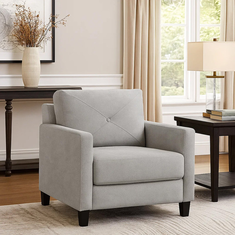 Royi Accent Chair, Track Armrest, Fabric Seat W Tufted Backrest, Gray