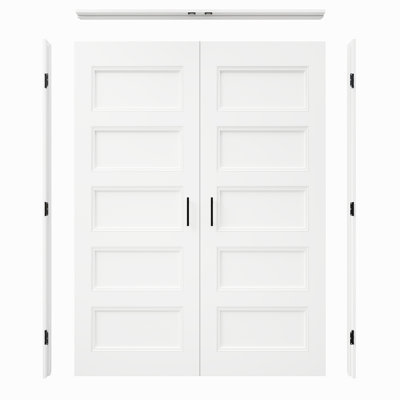 Intérieur de la porte moulée moulée à 5 panneaux, portes françaises en panneau de fibres à densité moyenne certifiées CARB P2, avec cadre et quincaillerie noir mat - Attaches à boule et charnières et poignées, préfini et imperméable, garde-manger, chambre à coucher, salle de bain et garde-robe, teinture facile à bricoler, 48 po x 80 po