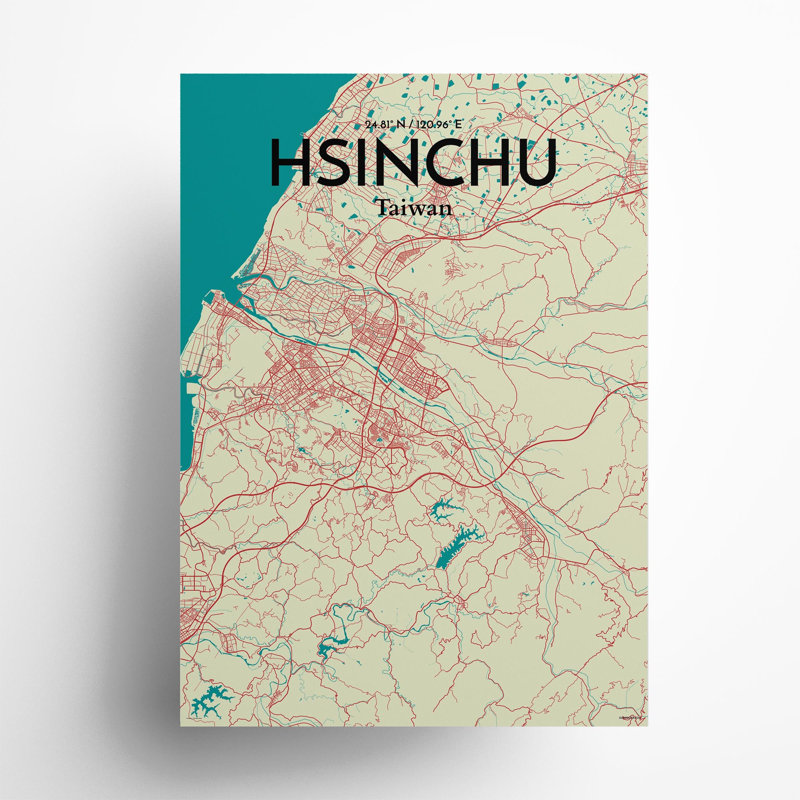 Hsinchu City Map In Tricolour - No Frame Print, 27.6cm H x 19.7cm W x 0.05cm D