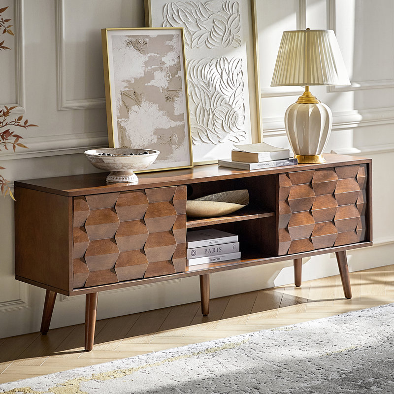 Iasiah 63" W Solid and Manufactured Wood TV Stand with Built-In Power Outlets and Cable Management , Walnut