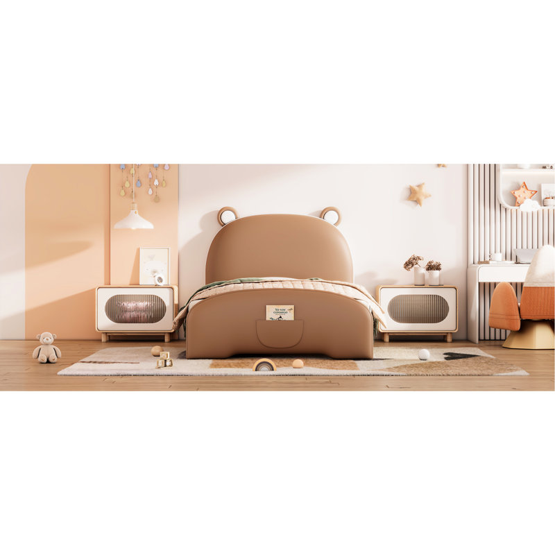 Lit plateforme simple en forme d'ours - brun et blanc, solide, confortable, facile à installer et stable avec de jolies caractéristiques pour une bonne nuit de sommeil