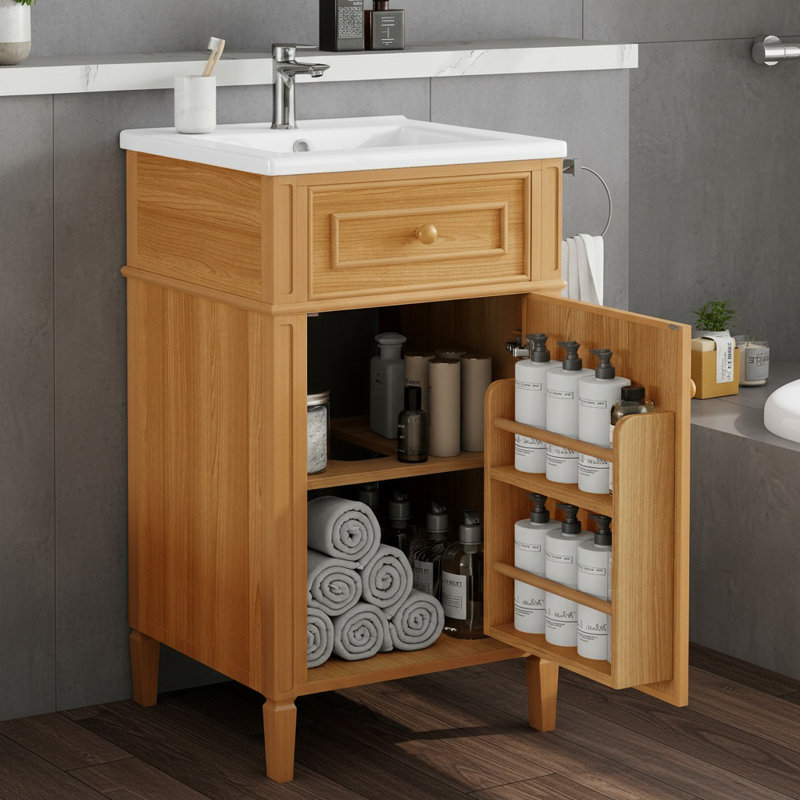 Meuble-lavabo en bois 20 po avec évier - Pieds solides, tiroir inclinable, tablette réglable, prêt pour la petite salle de bain