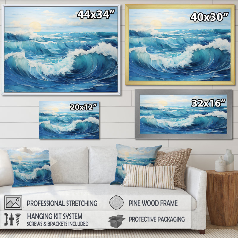 «Teal White Ocean Serenade Pastoral I», art mural sur toile, H 12 po x l 20 po x P 1 po, Cadre flottant doré