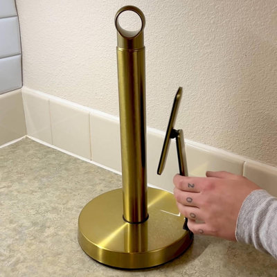 Heavy-Duty Stainless Steel Paper Towel Holder with Tension Arm – Easy One-Handed Tear, Modern Standing Countertop Dispenser for Kitchen, Holds All Paper Towel Rolls (1, Gold)