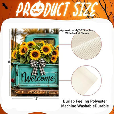 Fall Sunflowers Garden Flags 12x18 Double Sided, Yard Flags for Outside Welcome Vintage Truck Small Outdoor Decor Flag for Farmhouse Porch Lawn Home Decor