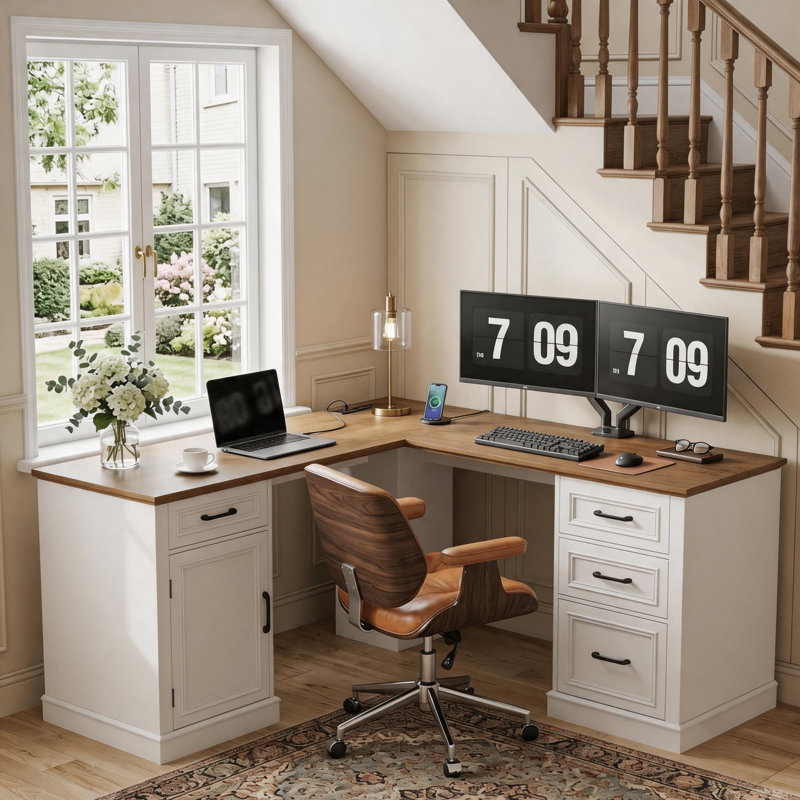 Farmhouse 59" L-Shaped Executive Desk With Drawers, Brown/Beige