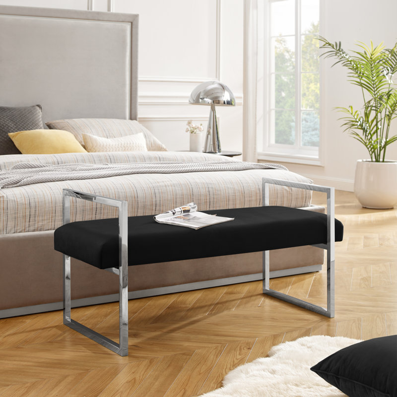 Khole Velvet Upholstered Bench, Black/Chrome