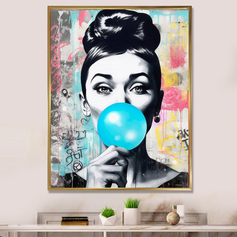 Blue Bubble Gum - Print on Canvas, 40" H x 30" W, Gold, Floater Framed Print