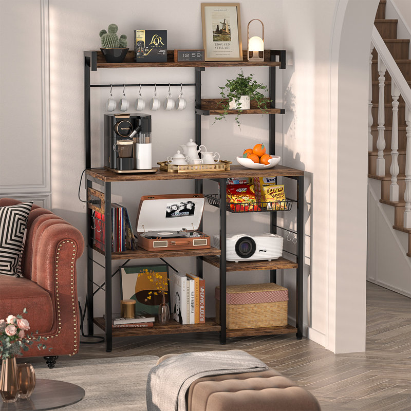 Baker's Rack with Power Outlets, Microwave Stand, Coffee Bar, 10 S-Hooks, Brown