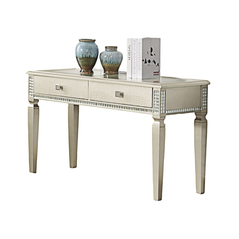 Sleek Silver Glam Sofa Table With Storage Drawers And 5Mm Tempered Glass Top, Perfect For Modern Living Rooms.